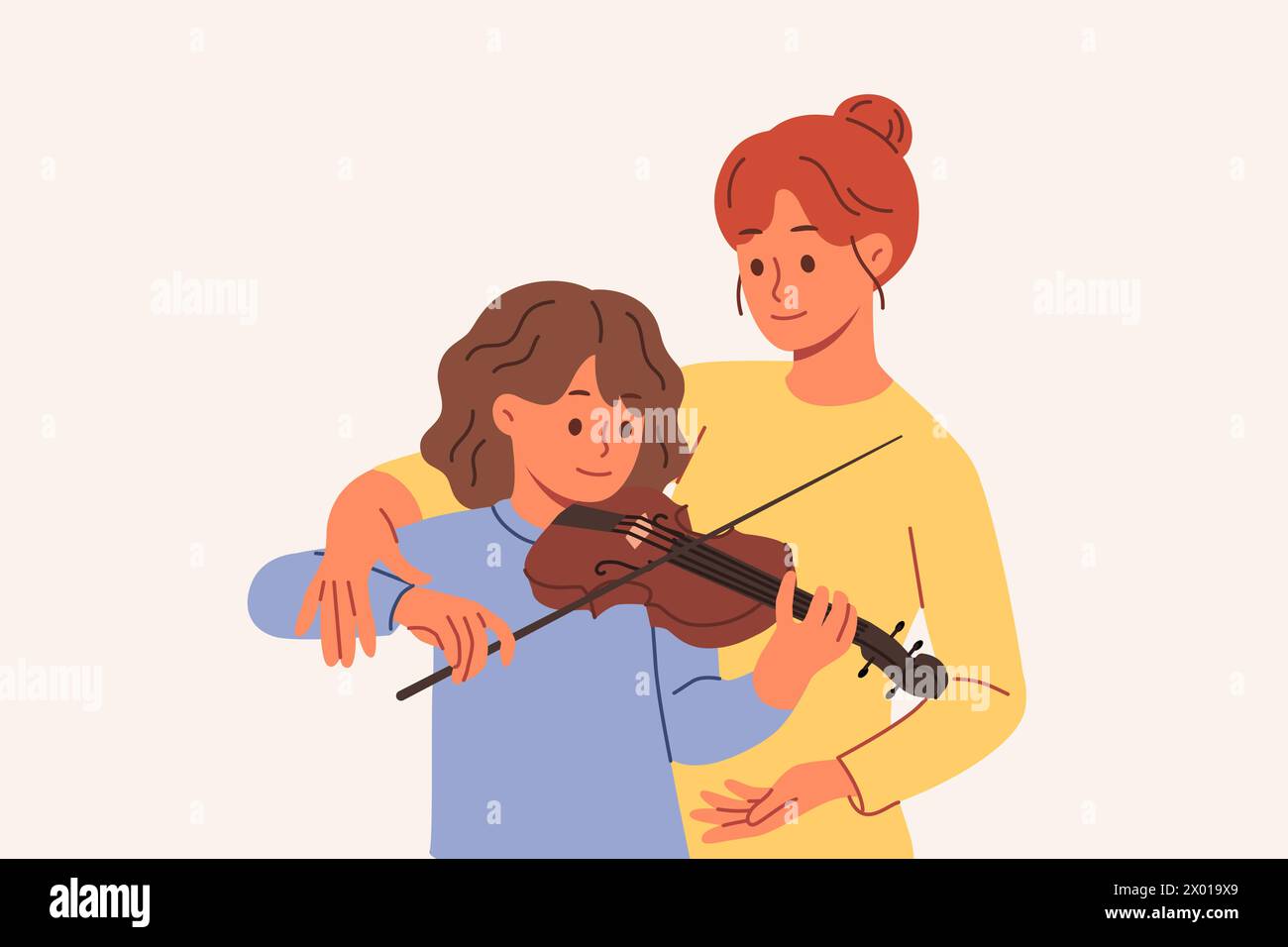 Learning to play violin for teenage girl, from professional teacher who helps to hold bow correctly Stock Vector