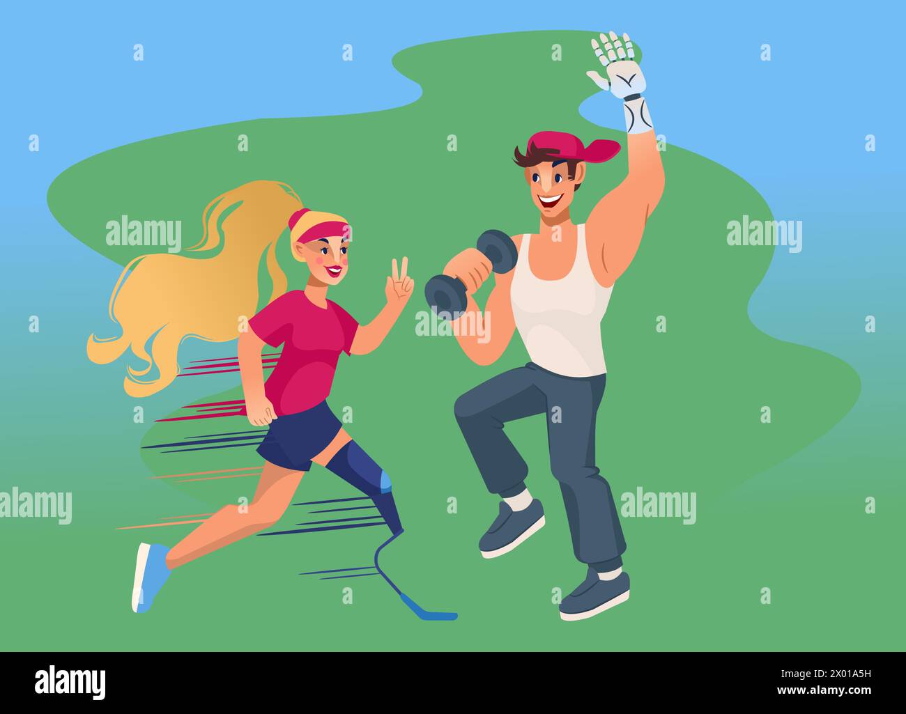 Athletes with bionic prosthetic arms and legs exercise in public park to speed up rehabilitation Stock Vector