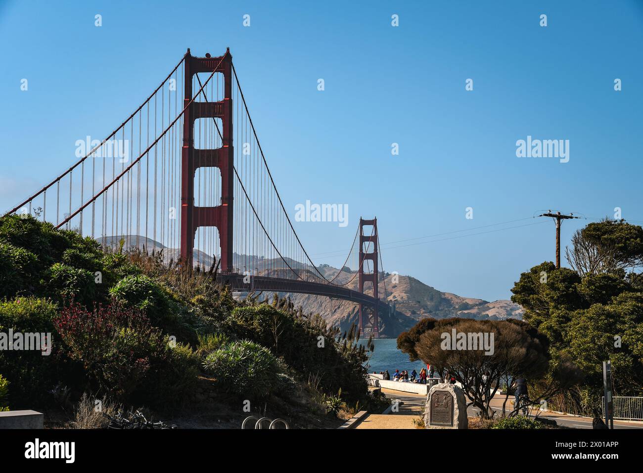 The Golden Gate Bridge seen from Joseph Strauss Legacy Circle in the Presidio District of San Francisco, California Stock Photo