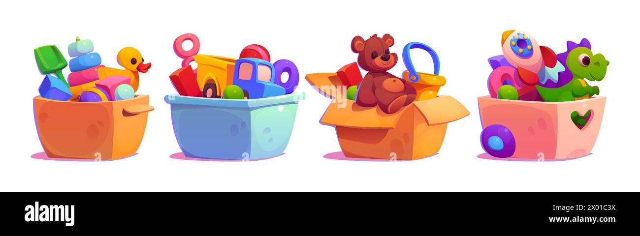 Child toys packed in plastic and cardboard boxes for home and kindergarten storage or donate concept. Cartoon vector illustration set of kid play object pile in container. package full of playthings. Stock Vector