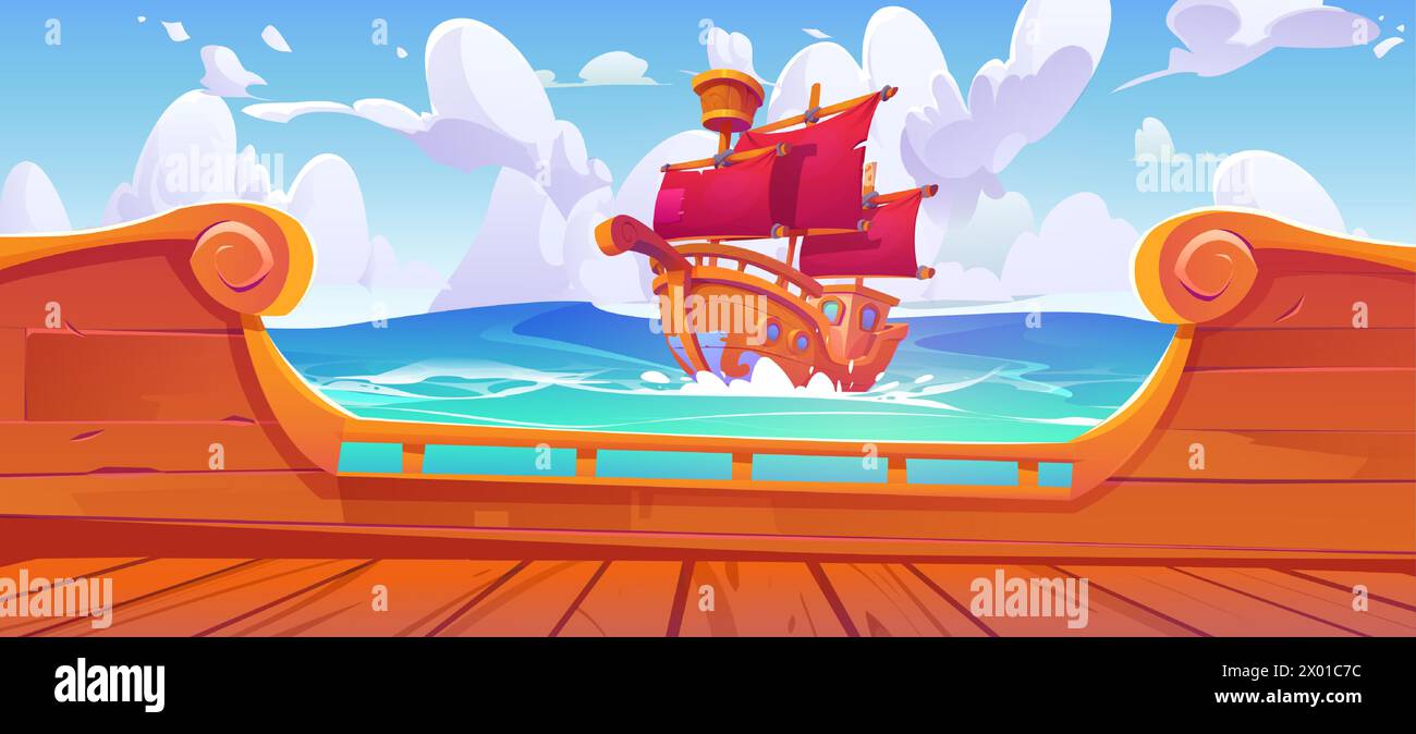 Old sail boat view from ship deck in sea cartoon illustration. Wood traditional galleon with red sailboat wallpaper design. Ocean adventure scene. Marine haunting panorama landscape on sunny day Stock Vector