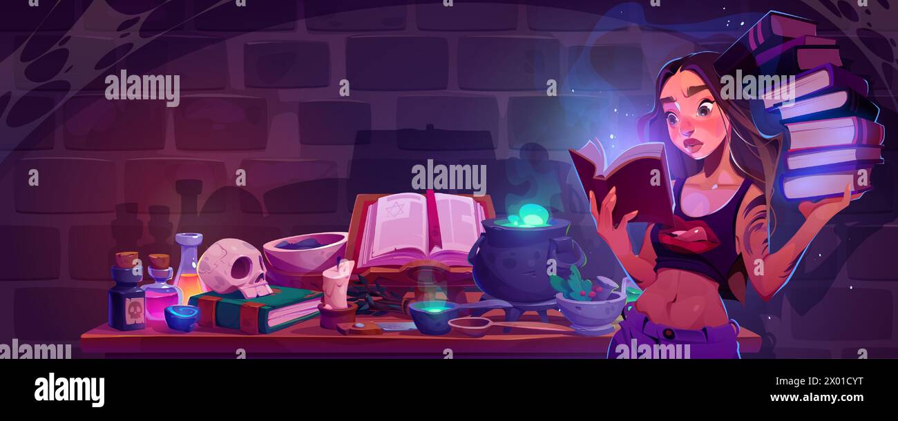 Young witch cooking potion in old dungeon. Vector cartoon illustration of female character reading ancient spellbook, magic liquid boiling in cauldron, candle, skull, herbs, glass flasks on table Stock Vector