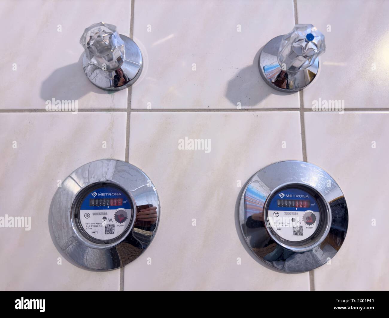 Water meter of a residential building on Mar 3, 2024  in Marktoberdorf, Bavaria, Germany. Photographer: ddp images / star-images Stock Photo