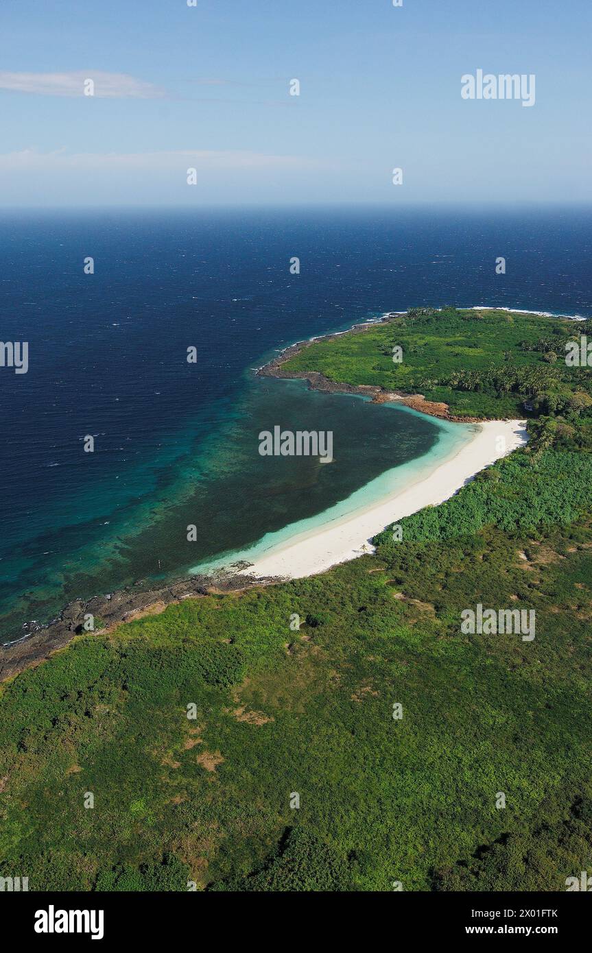 Aerial view of palms and sandy beach at Iguana island, A place for snorkeling, scuba diving, swimming, Los Santos province, Panama - stock photo Stock Photo