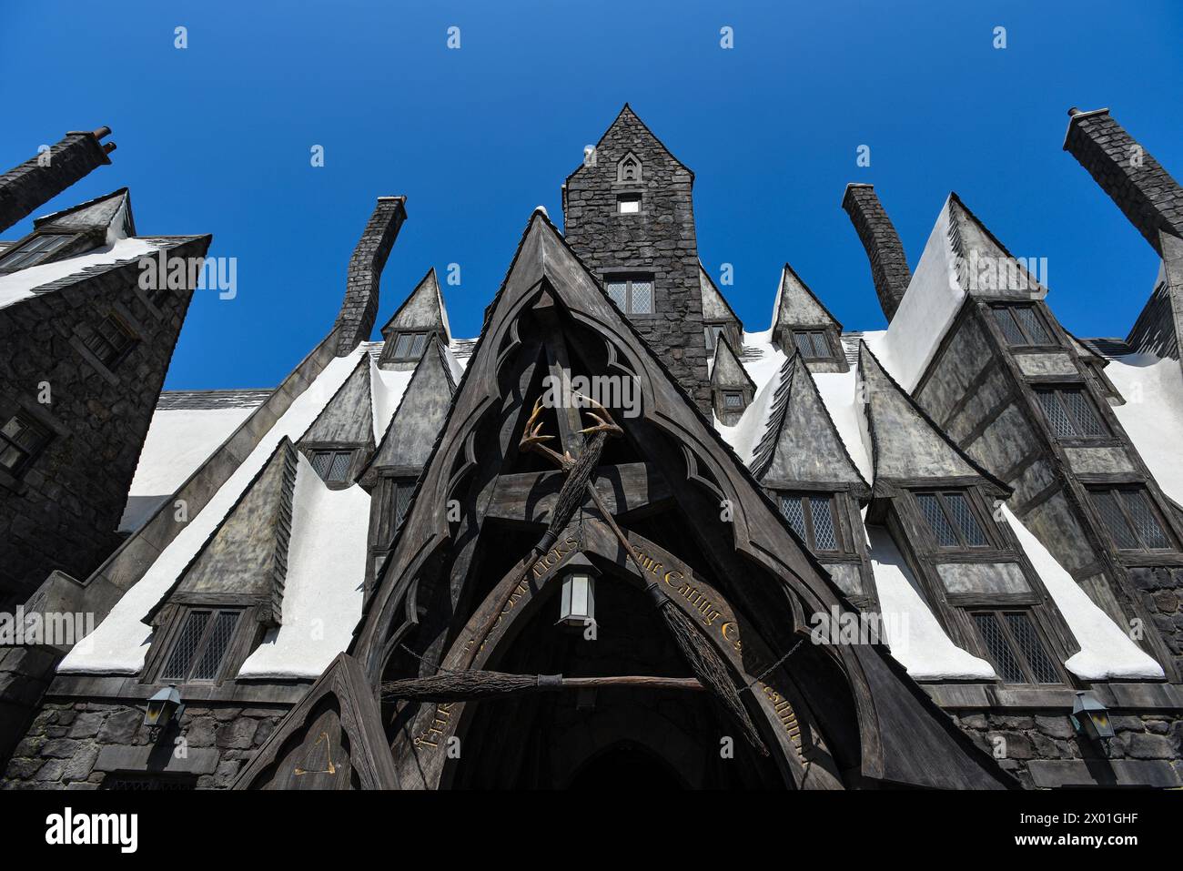 The Facade of the Three Broomsticks Restaurant at the Wizarding World of Harry Potter area in Universal Studios Hollywood - Los Angeles, California Stock Photo