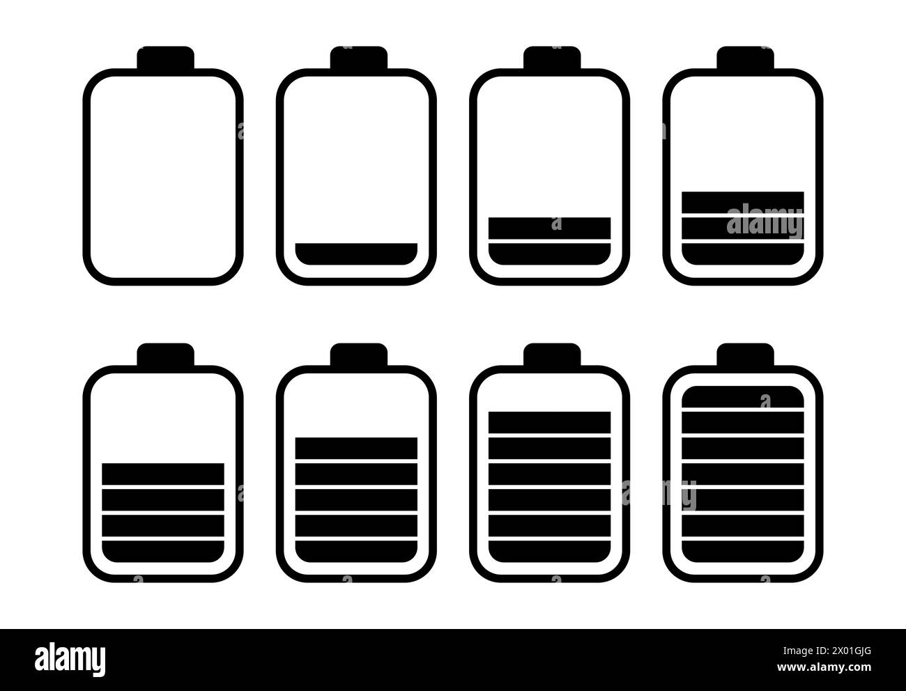 A set of eight batteries with different charge indicators. Vector illustration Stock Vector