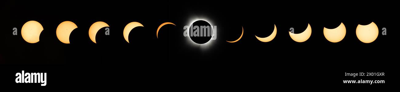 This composite image of multiple exposures shows the progression of a total solar eclipse in Dallas, Texas on 8 April 2024. A total solar eclipse swept across a narrow portion of the North American continent from Mexico’s Pacific coast to the Atlantic coast of Newfoundland, Canada. A partial solar eclipse was visible across the entire North American continent along with parts of Central America and Europe. Photo Credit: (NASA/Keegan Barber)  8 April 2024 Credit: NASA/ Keegan Barber / Alamy Live News via Digitaleye Stock Photo