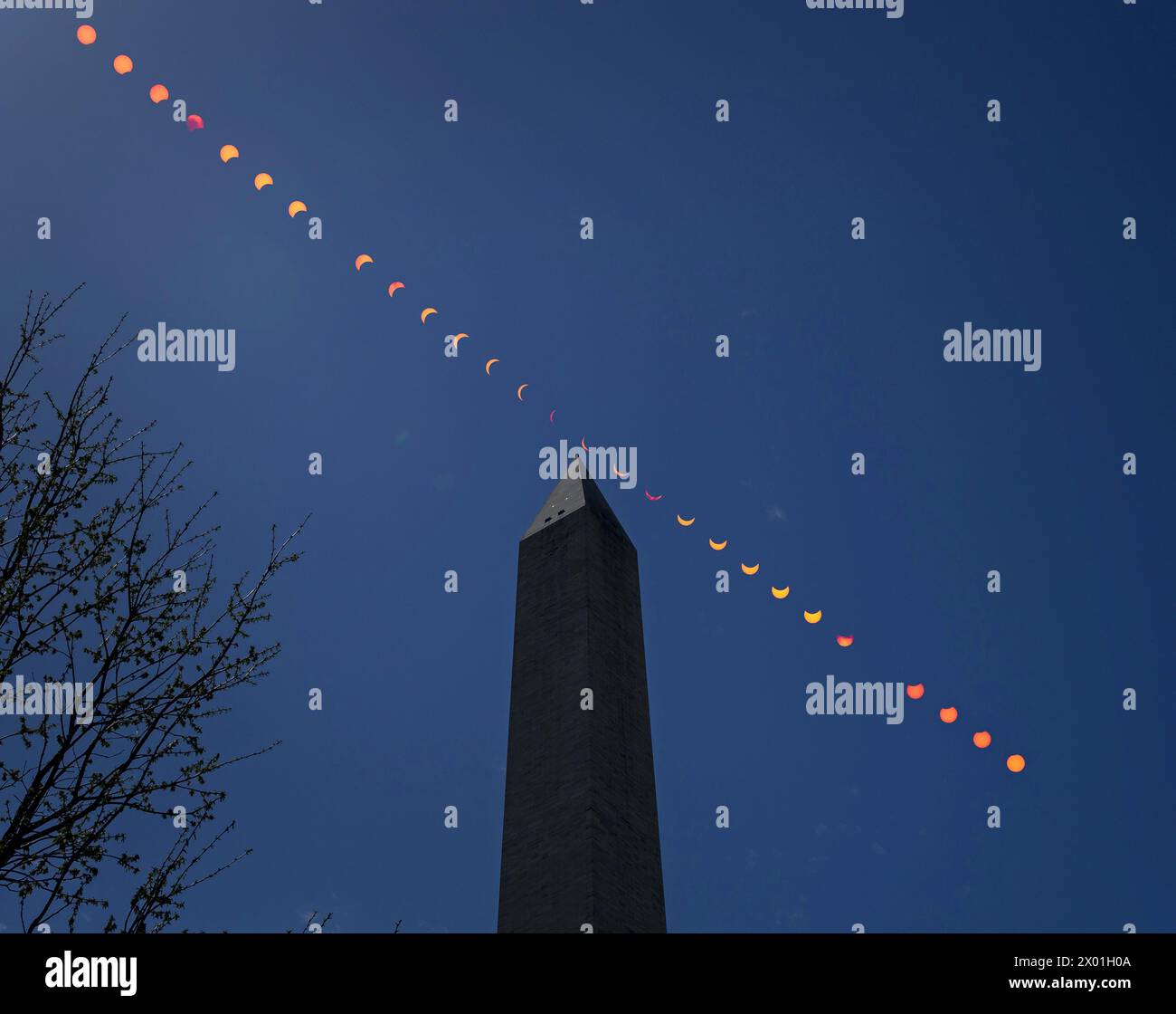 This composite image of multiple exposures shows the progression of a partial solar eclipse over the Washington Monument, 8 April 2024, in Washington. A total solar eclipse swept across a narrow portion of the North American continent from Mexico’s Pacific coast to the Atlantic coast of Newfoundland, Canada. A partial solar eclipse was visible across the entire North American continent along with parts of Central America and Europe.  Mandatory Photo Credit: (NASA/Bill Ingalls)  8 April 2024 Credit: NASA/ Bill Ingalls/ Alamy Live News via Digitaleye Stock Photo