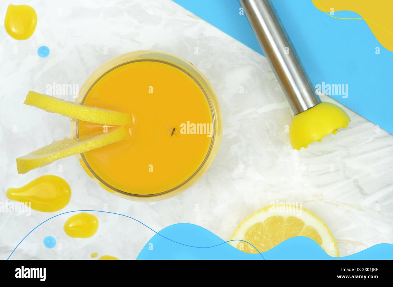 Fly in the orange  juice; nice composition photo mixed with graphics with yellow and blue graphic elements, top view. Stock Photo