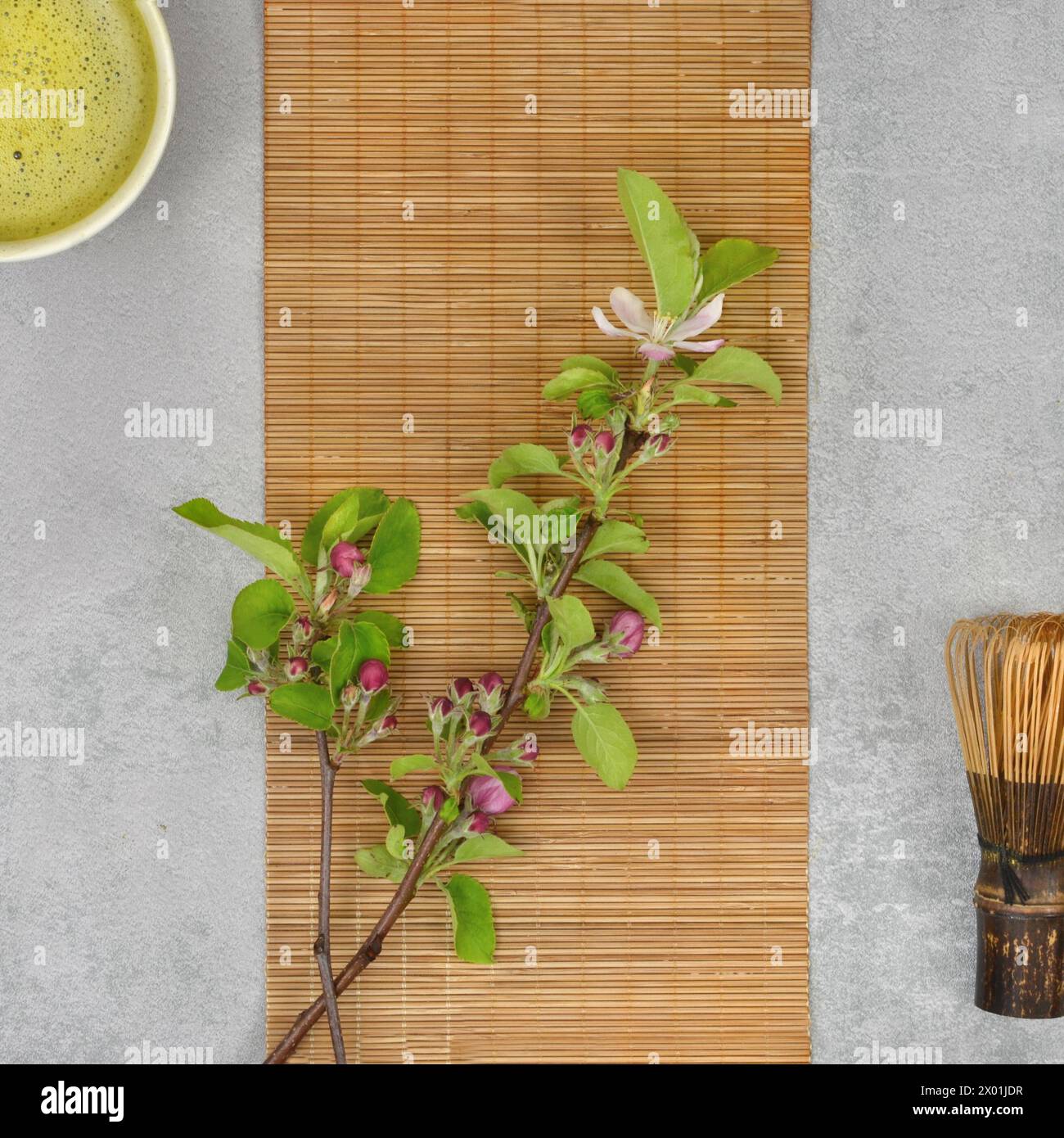 Twig with leaves and flower buds, marcha and other asian utensils. top view. Stock Photo