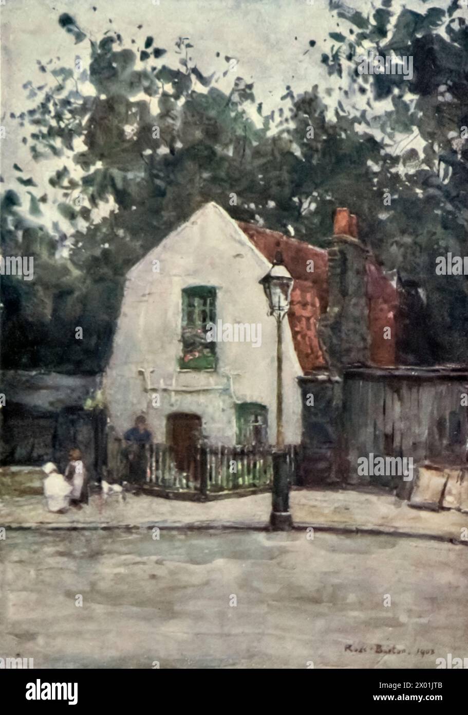 Illustration of Rus in Urbe. This little red roofed cottage stands at the corner of Glebe Place, King's Road, Chelsea. Watercolour painted by Rose Barton from 'Familiar London' (1904). Stock Photo