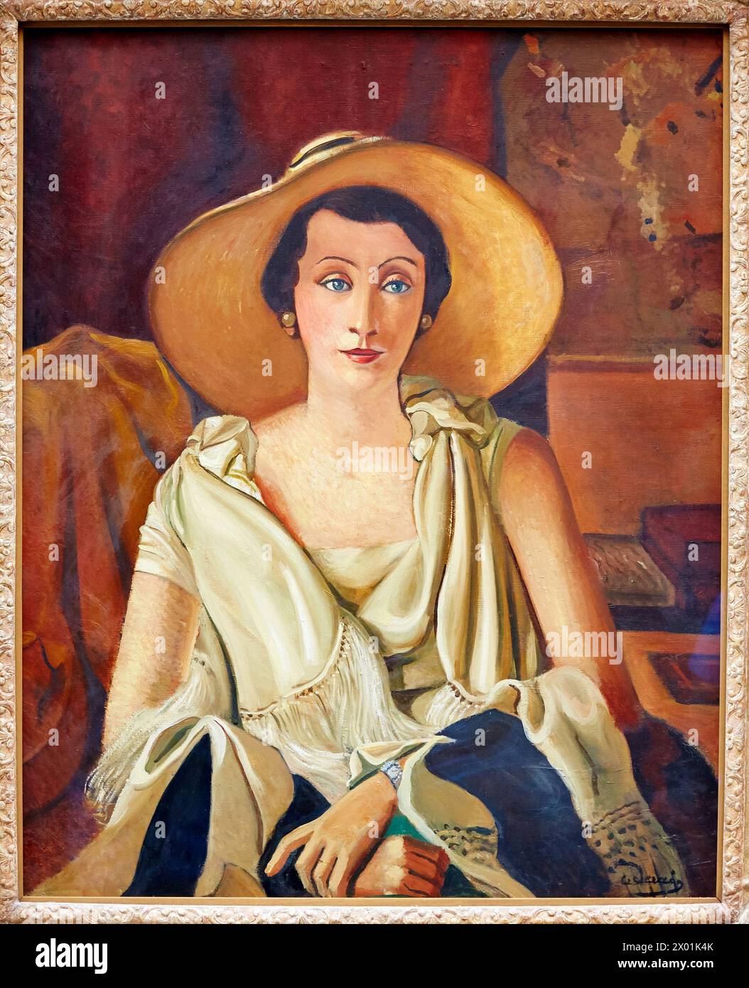 Portrait of Madame Paul Guillaume with a large hat, c.1928-29 (oil on canvas), Andre Derain, (1880-1954) , Musee de L'Orangerie, Tuileries, Paris, Fra Stock Photo