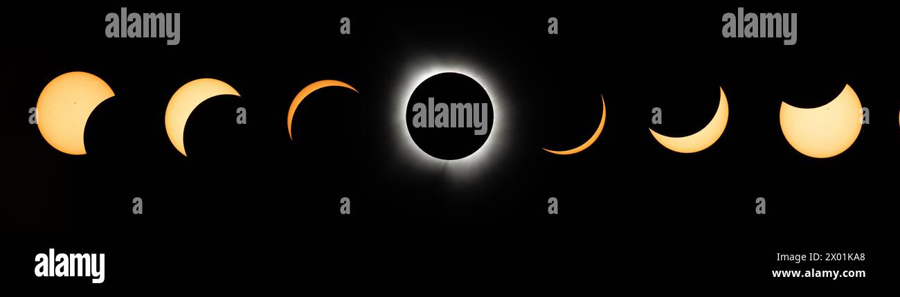 This composite image of 7 exposures shows the progression of a total solar eclipse in Dallas, Texas on 8 April 2024. A total solar eclipse swept across a narrow portion of the North American continent from Mexico’s Pacific coast to the Atlantic coast of Newfoundland, Canada. A partial solar eclipse was visible across the entire North American continent along with parts of Central America and Europe. Photo Credit: (NASA/Keegan Barber) 8 April 2024 A composite version of 7 images. Credit: NASA/ Keegan Barber / Alamy Live News via Digitaleye Stock Photo