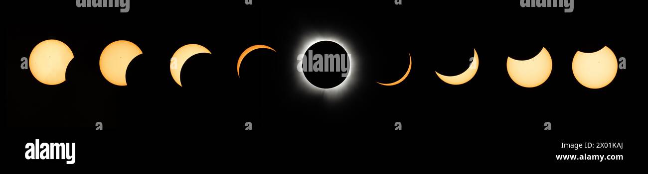 This composite image of 9 exposures shows the progression of a total solar eclipse in Dallas, Texas on 8 April 2024. A total solar eclipse swept across a narrow portion of the North American continent from Mexico’s Pacific coast to the Atlantic coast of Newfoundland, Canada. A partial solar eclipse was visible across the entire North American continent along with parts of Central America and Europe. Photo Credit: (NASA/Keegan Barber) 8 April 2024 A composite version of 9 images. Credit: NASA/ Keegan Barber / Alamy Live News via Digitaleye Stock Photo