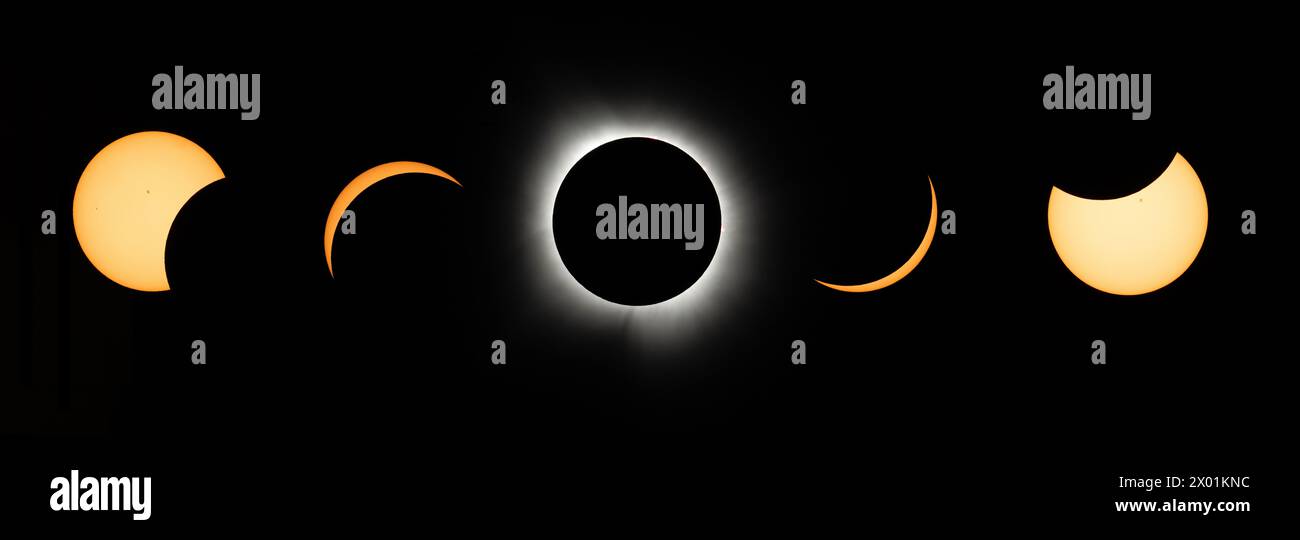 This composite image of 5 exposures shows the progression of a total solar eclipse in Dallas, Texas on 8 April 2024. A total solar eclipse swept across a narrow portion of the North American continent from Mexico’s Pacific coast to the Atlantic coast of Newfoundland, Canada. A partial solar eclipse was visible across the entire North American continent along with parts of Central America and Europe. Photo Credit: (NASA/Keegan Barber) 8 April 20245 images. Credit: NASA/ Keegan Barber / Alamy Live News via Digitaleye Stock Photo