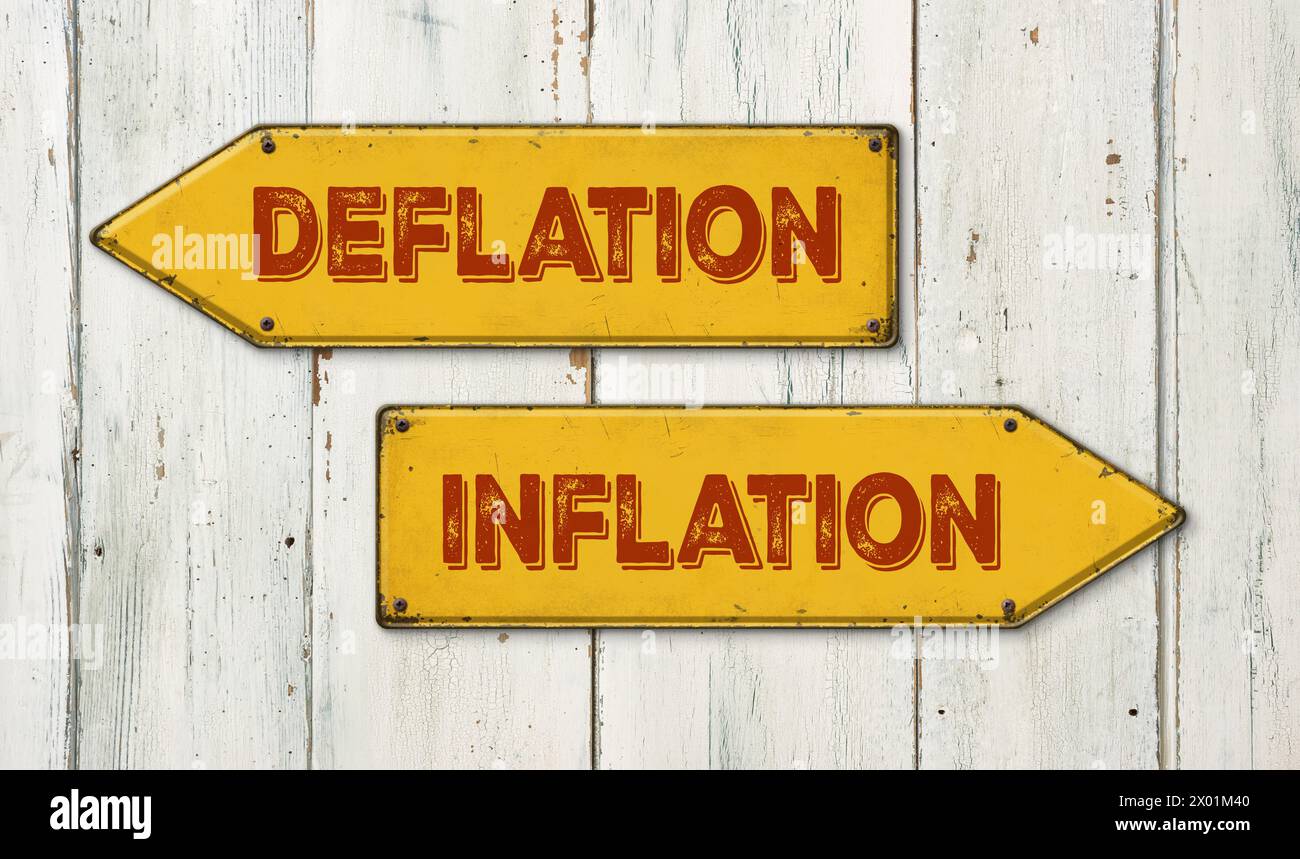 Direction signs on a wooden wall - Deflation or Inflation Stock Photo ...