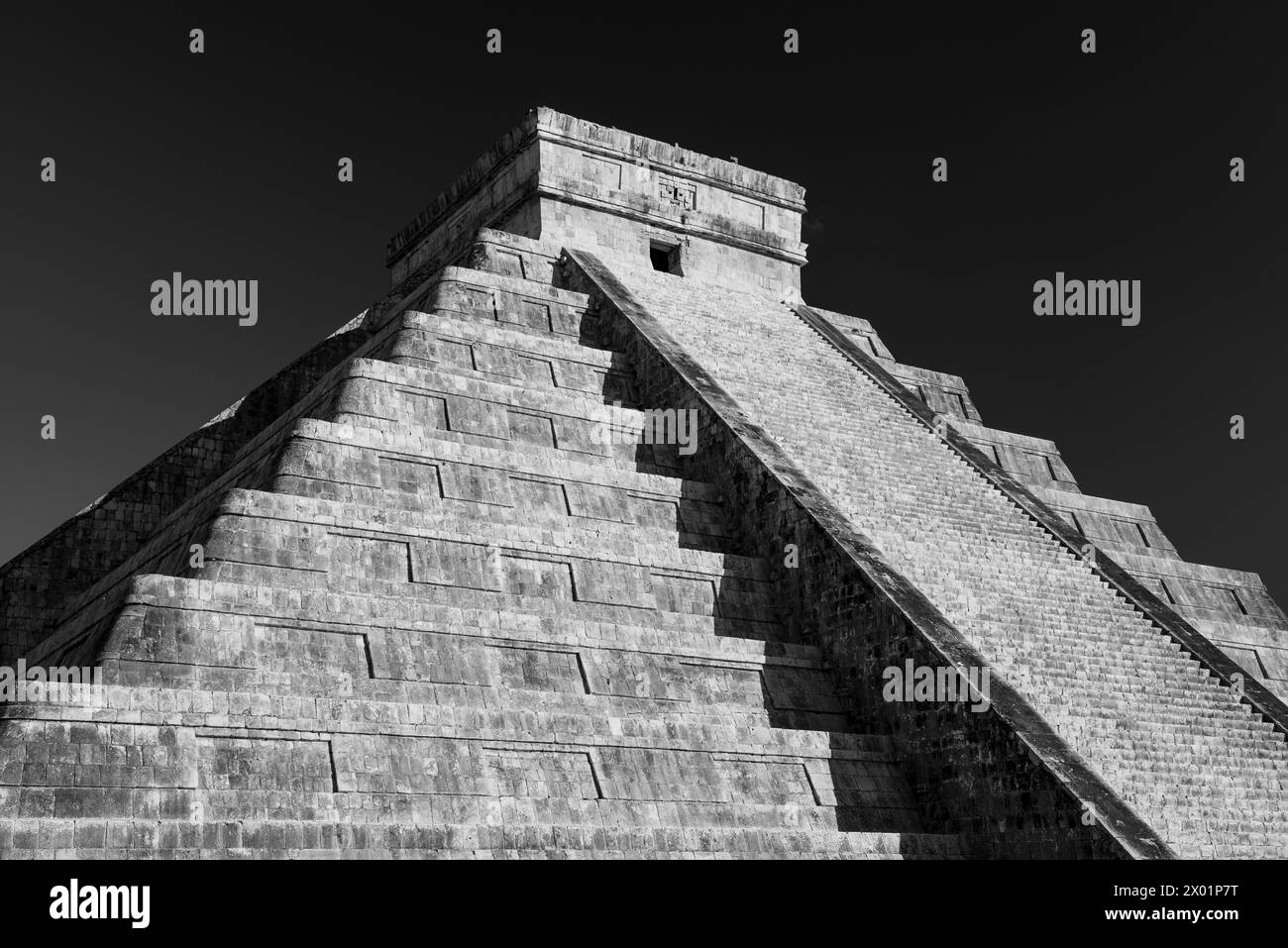 Kukulkan mayan pyramid in black and white, Chichen Itza, Mexico. Stock Photo