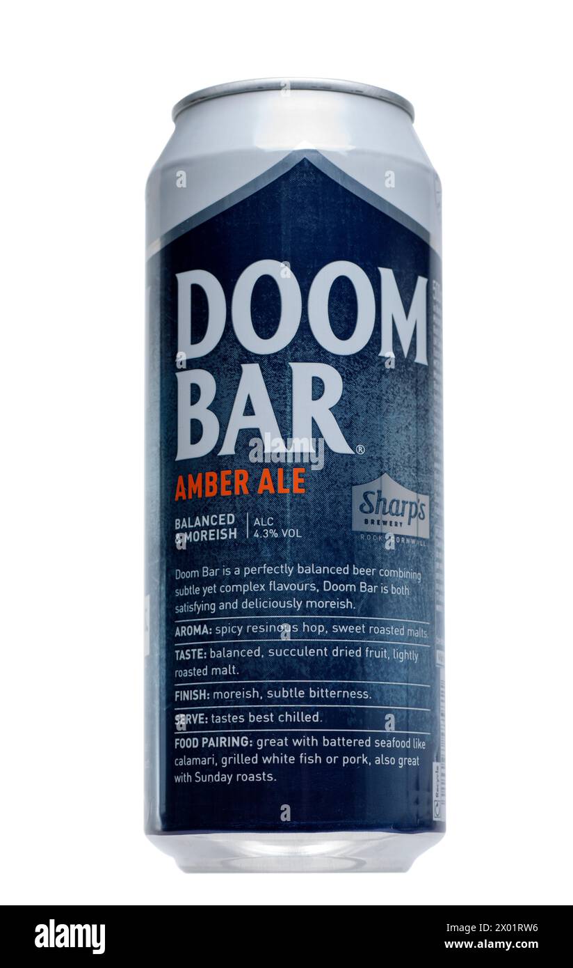 Can of Sharps Brewery Doom Bar Amber Ale on a White Background Stock Photo