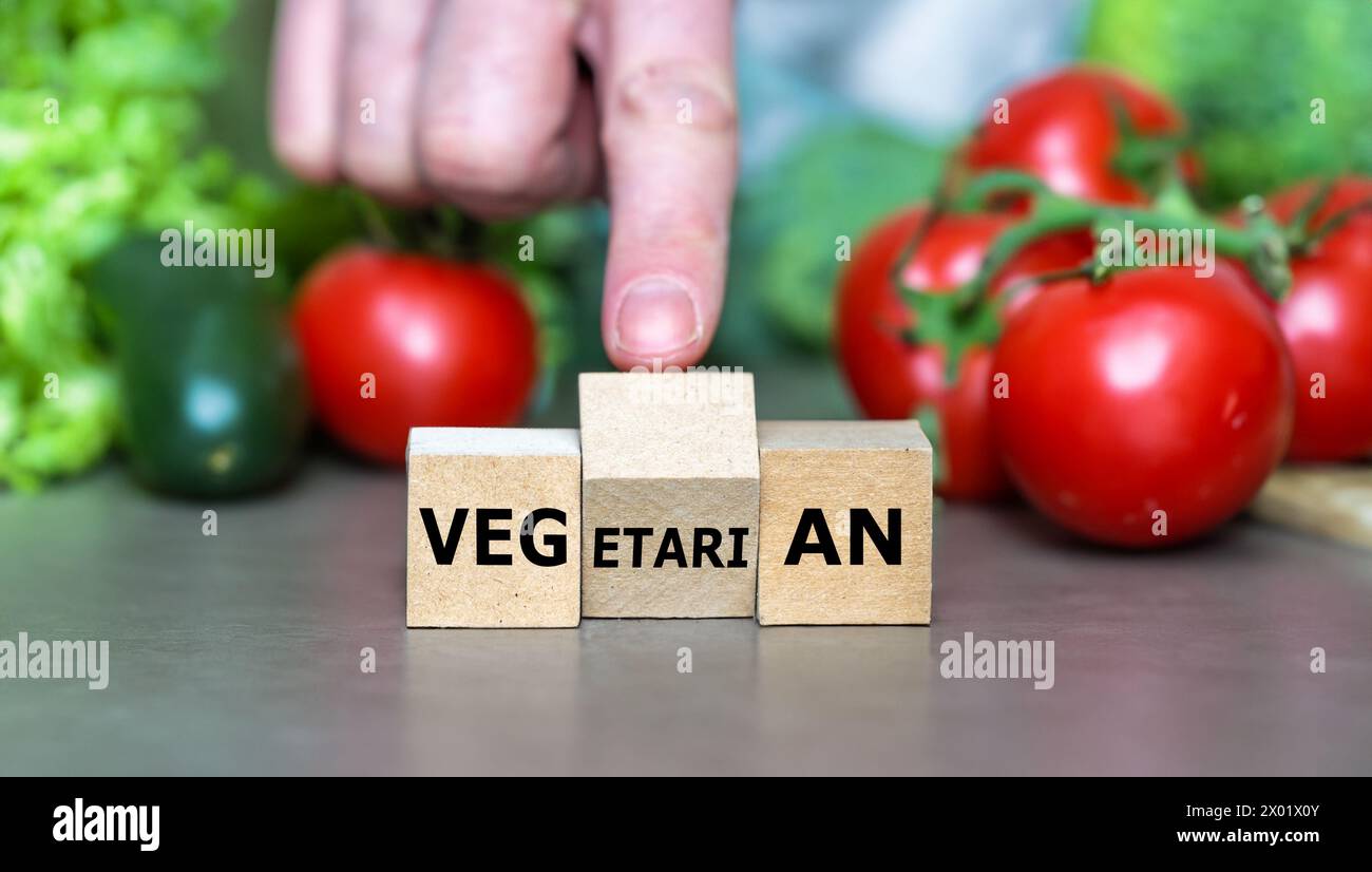 Hand turns cube and changes the word vegetarian to vegan. Symbol to change from a vegetarian to a vegan person. Stock Photo