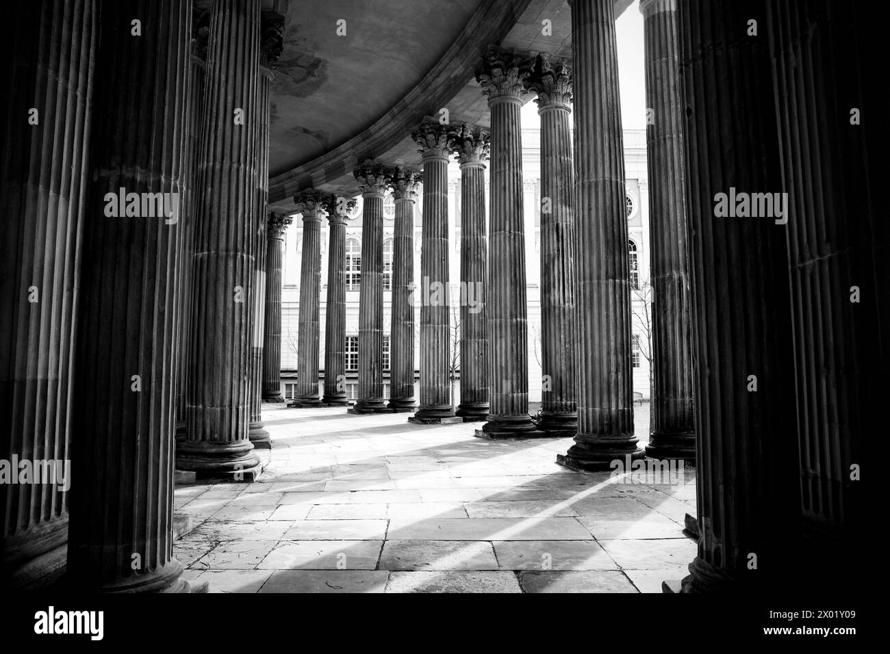 Classic ancient colonnade, the row of columns. Black and white Stock ...