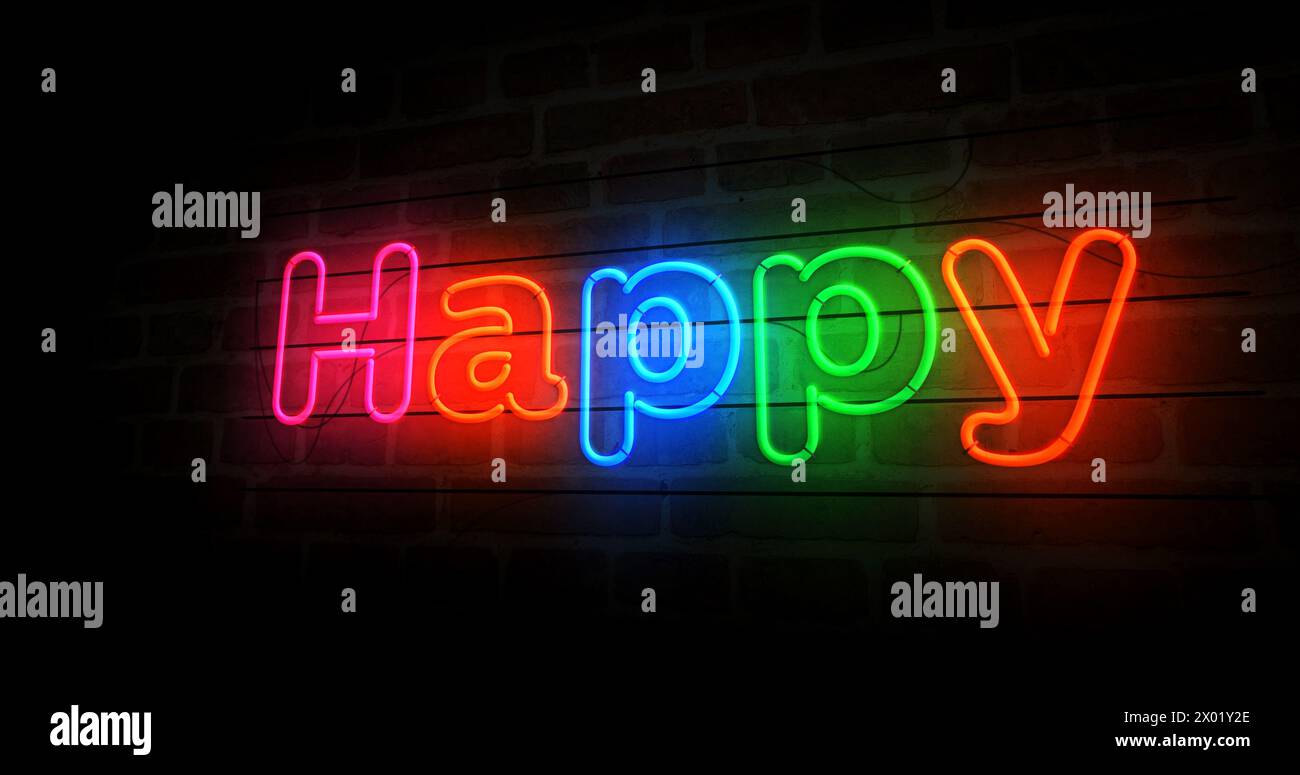 Happy neon symbol. Happiness  light color bulbs. Abstract concept 3d illustration. Stock Photo