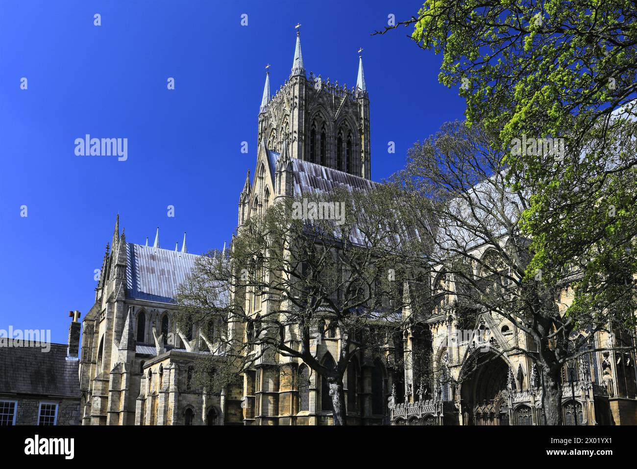 Spring colours over Lincoln cathedral, Lincoln City, Lincolnshire County, England, UK Stock Photo