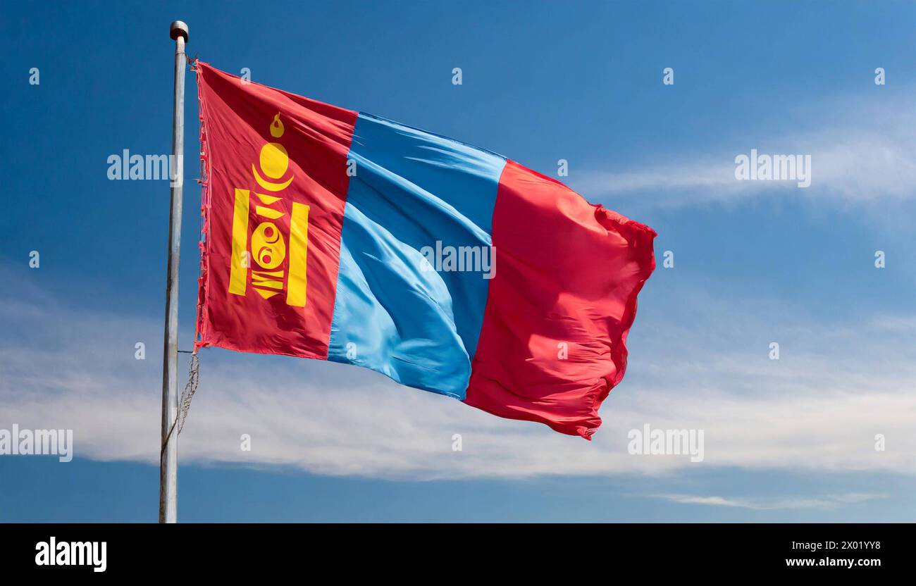 Fahnen, die Nationalfahne von Mongolei flattert im Wind Stock Photo