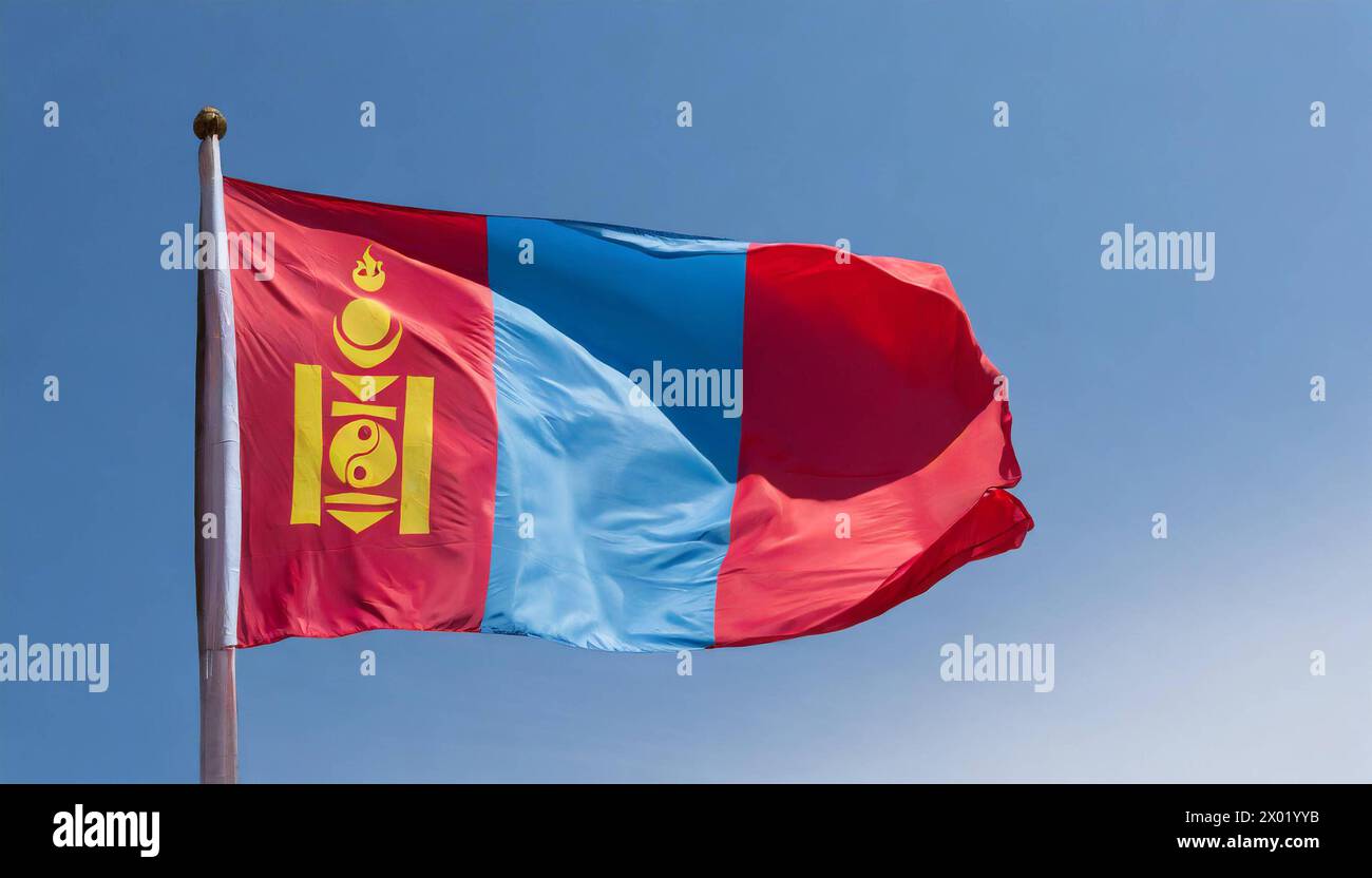 Fahnen, die Nationalfahne von Mongolei flattert im Wind Stock Photo