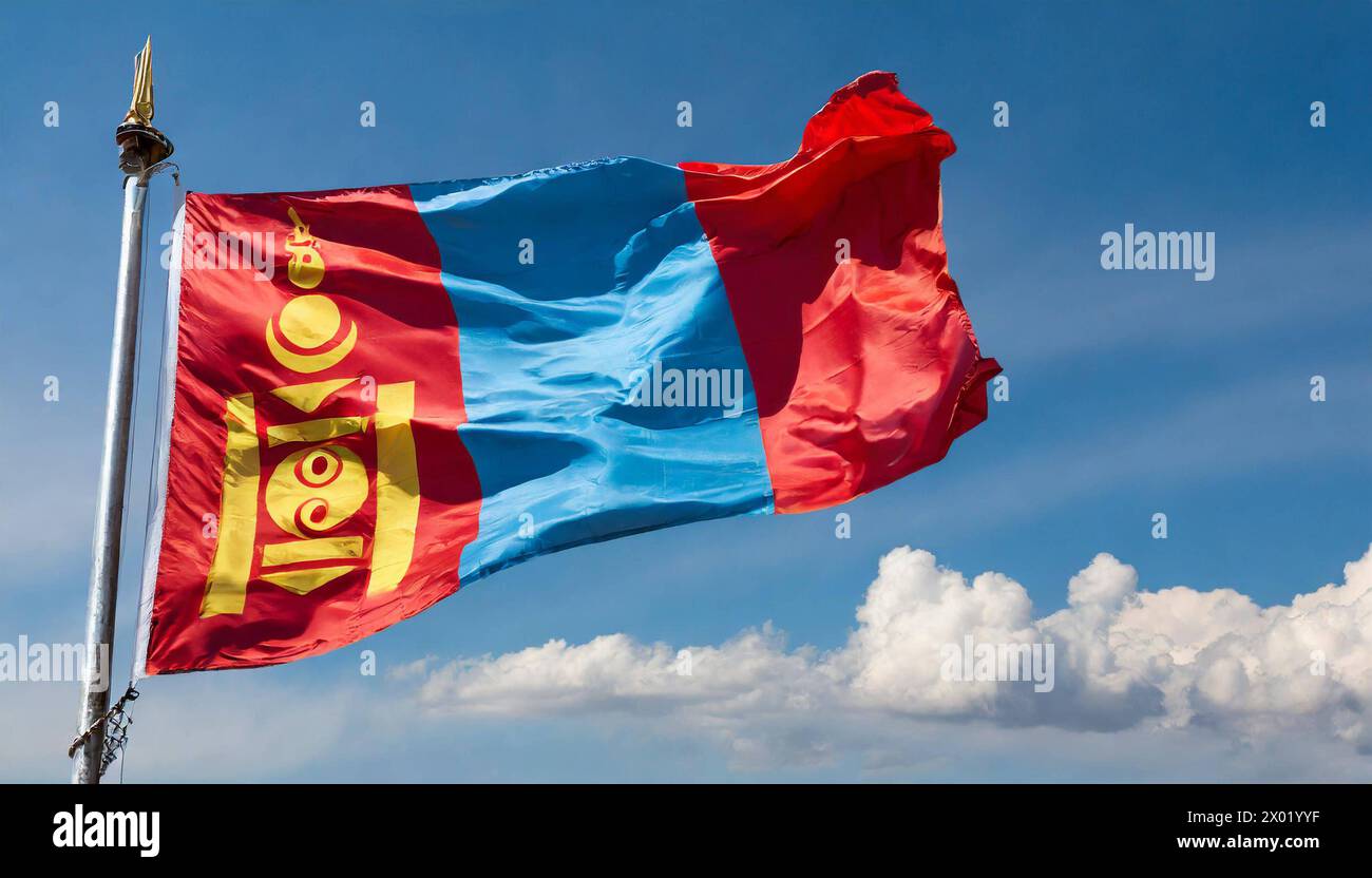 Fahnen, die Nationalfahne von Mongolei flattert im Wind Stock Photo