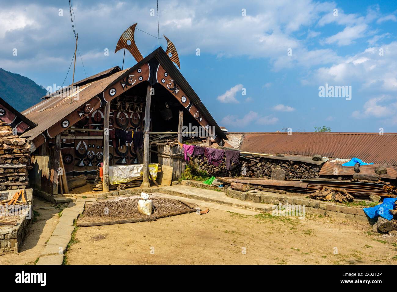 Traditional Naga village houses in Kigwema in Nagaland, India Stock Photo