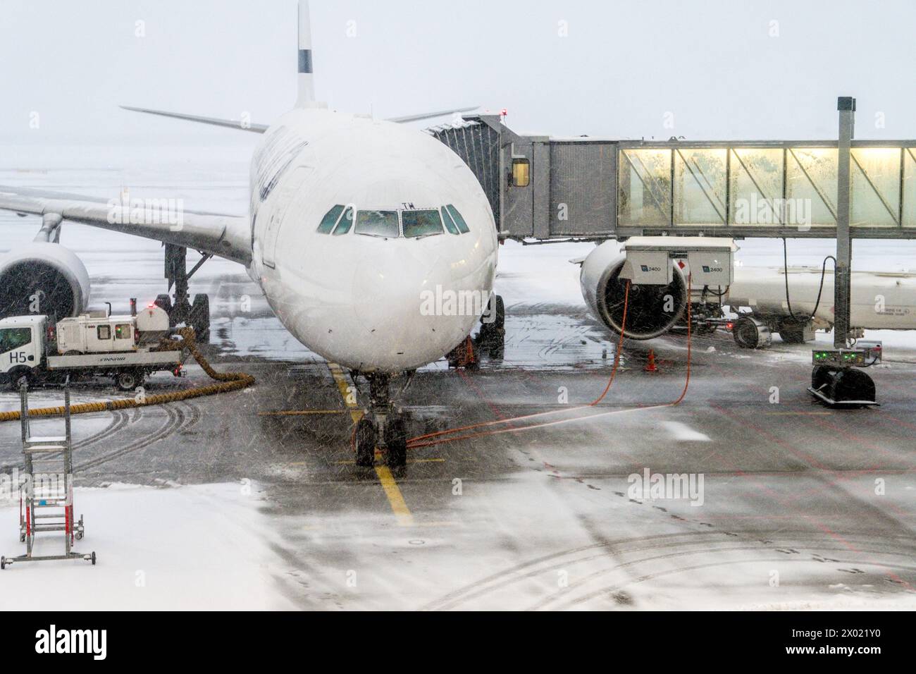 Snowy conditions at Helsinki airport in Finland Stock Photo