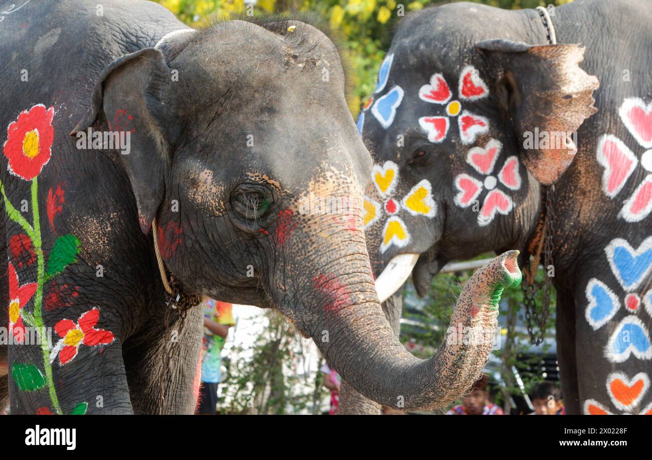 Ayutthaya, Thailand. 09th Apr, 2024. Elephants seen painted during the celebration of the Songkran Water Festival in Ayutthaya province, north of Bangkok. The event was held to promote tourism in Thailand. Credit: SOPA Images Limited/Alamy Live News Stock Photo