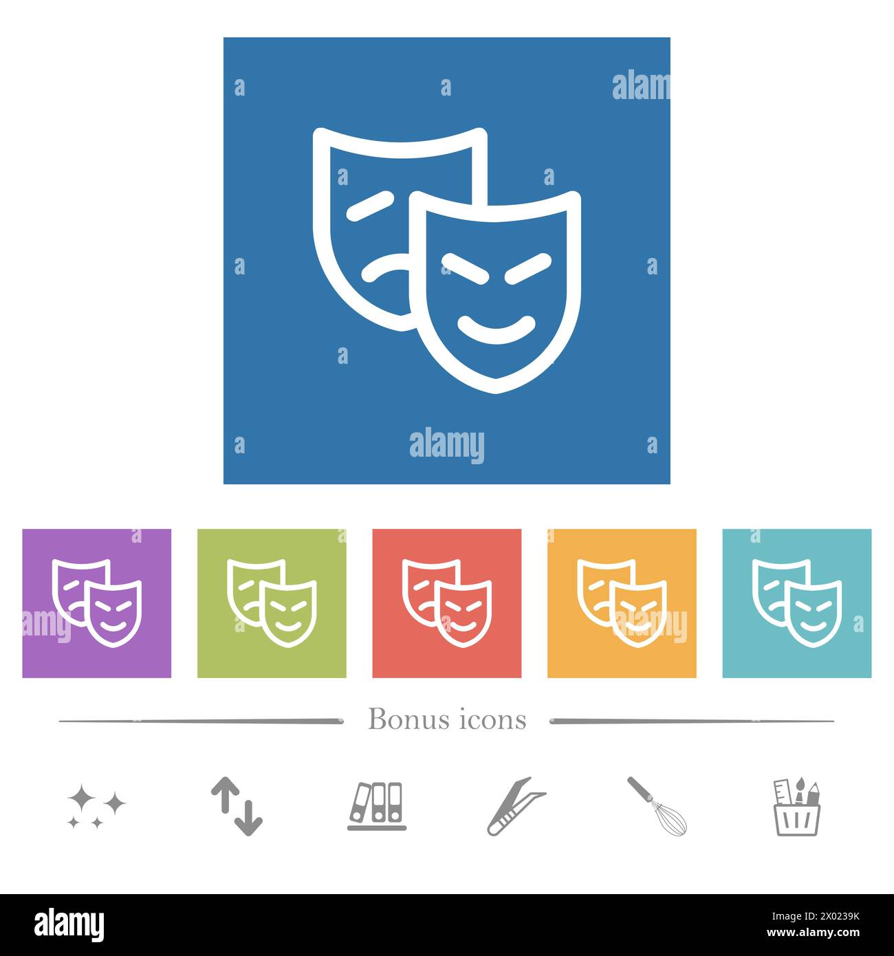 Theatrical masks outline flat white icons in square backgrounds. 6 ...