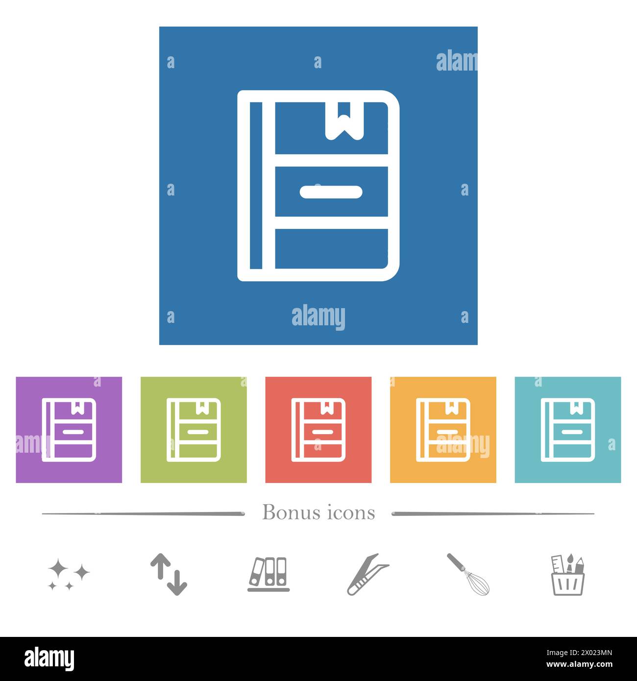 Notebook with bookmark outline flat white icons in square backgrounds ...