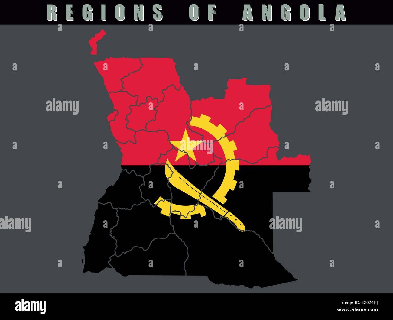 Map of the country of Angola. Detailed vector map of Angola by region. Map of Angola with flag. Stock Vector
