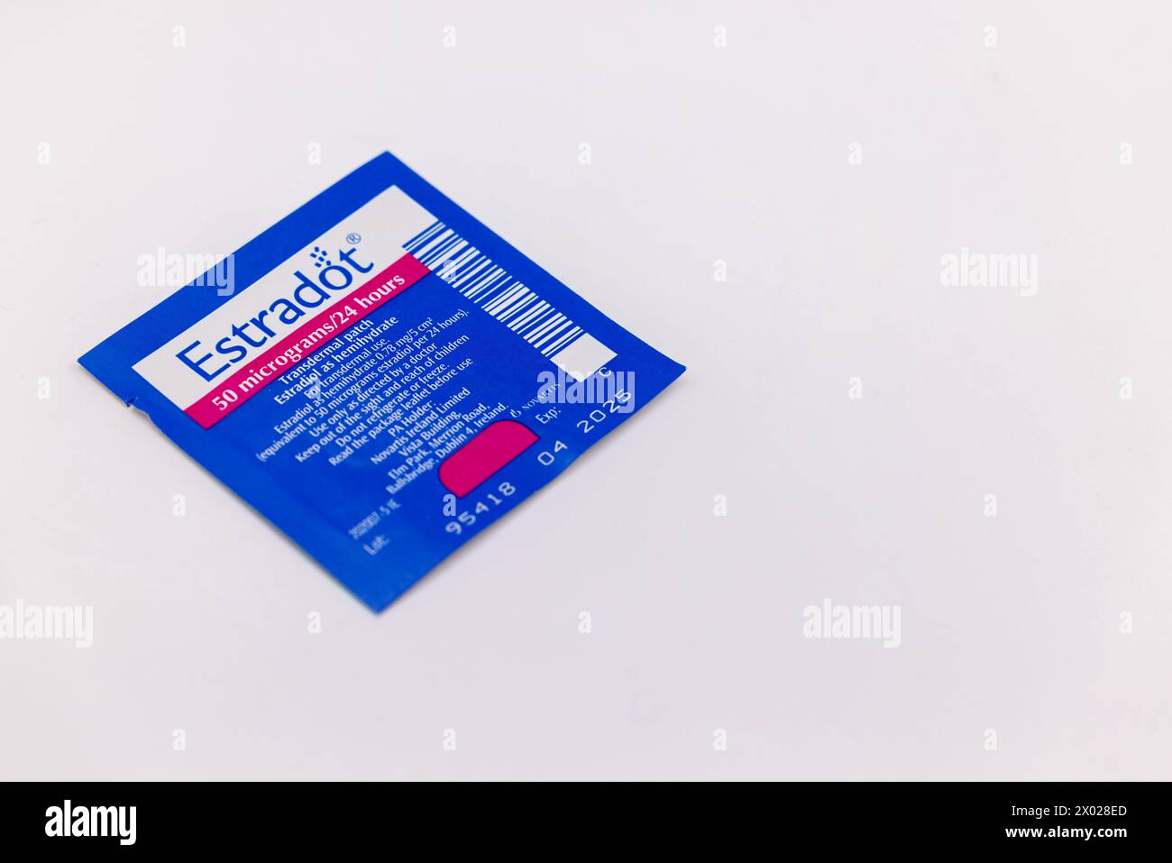 'Estradot' hormone replacement therapy (HRT) transdermal patch containing 'Estradiol' manufactured by 'Novartis'. Dublin, Ireland Stock Photo