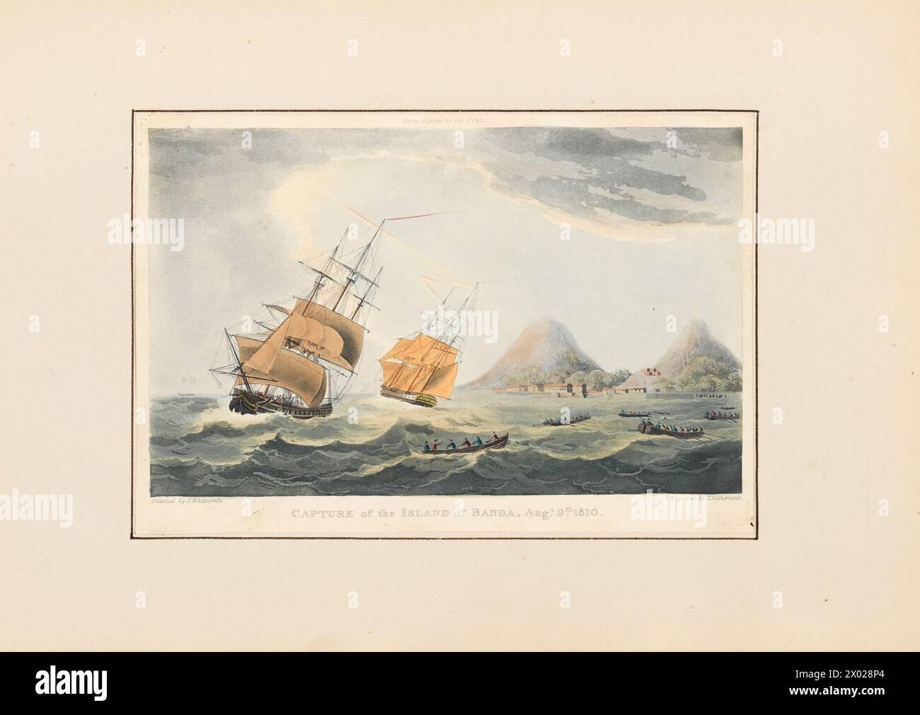 Vintage British Naval Military art:   Capture of the Island of Banda, August 8, 1810.   From The Naval Achievements of Great Britain from the Year 1793 to 1817. Stock Photo