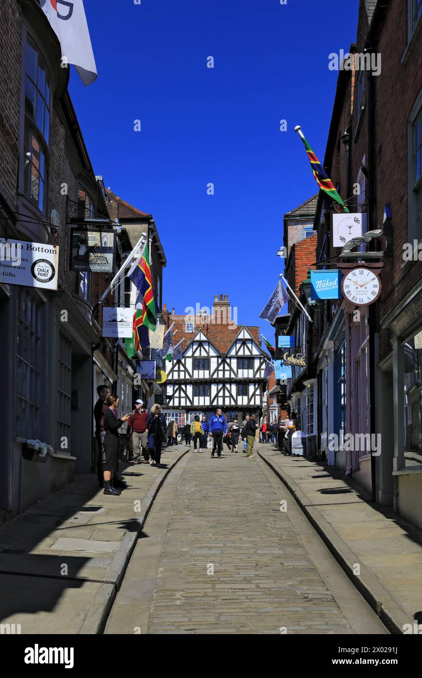 Shops and Cafes along Steep Hill, Lincoln City, Lincolnshire, England, UK Stock Photo