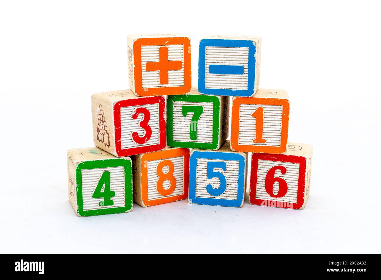 Wooden blocks with numbers and plus & minus sign isolated on white background. Maths learning concept. Stock Photo