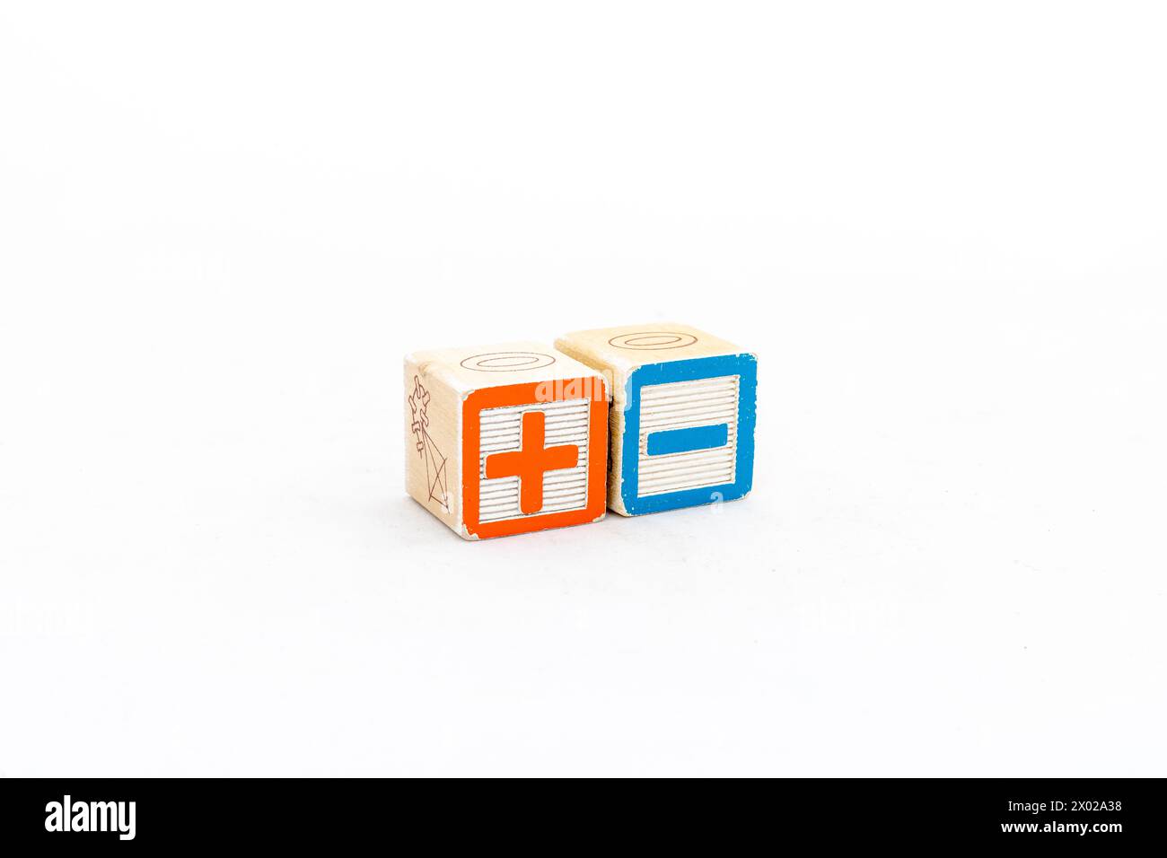 Math symbols plus and minus wooden blocks isolated on white background. Mathematics concept. Stock Photo