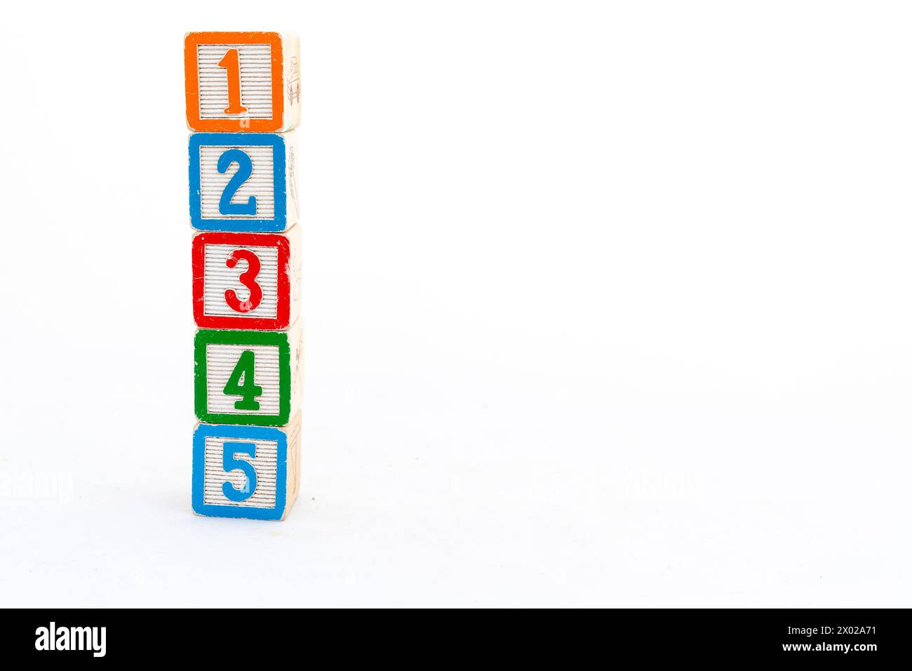 Educational toy blocks tower with one, two, three, four and five numbers isolated on white background with copy space Stock Photo