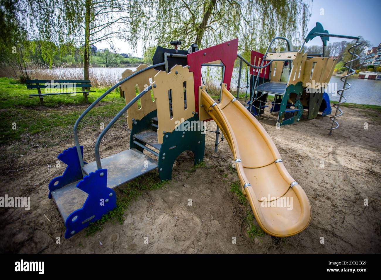 Penzlin, Germany. 09th Apr, 2024. An empty playground at Großer Stadtsee. According to the Bertelsmann Stiftung's 'Wegweiser Kommunen' (Guide to Municipalities), the population in Mecklenburg-Vorpommern is likely to continue to decline over the next few years. Credit: Jens Büttner/dpa/Alamy Live News Stock Photo