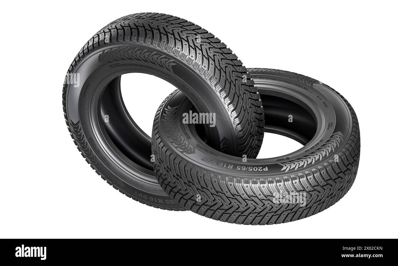 black car tires stacked neatly against a white backdrop Stock Photo