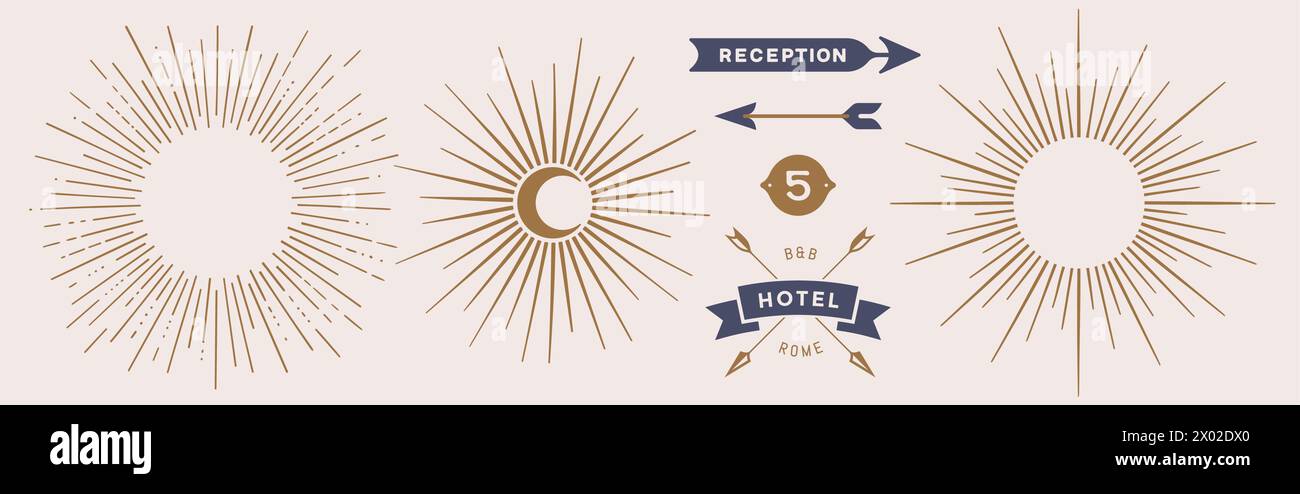 Vintage set. Sunburst, sun light ray Stock Vector