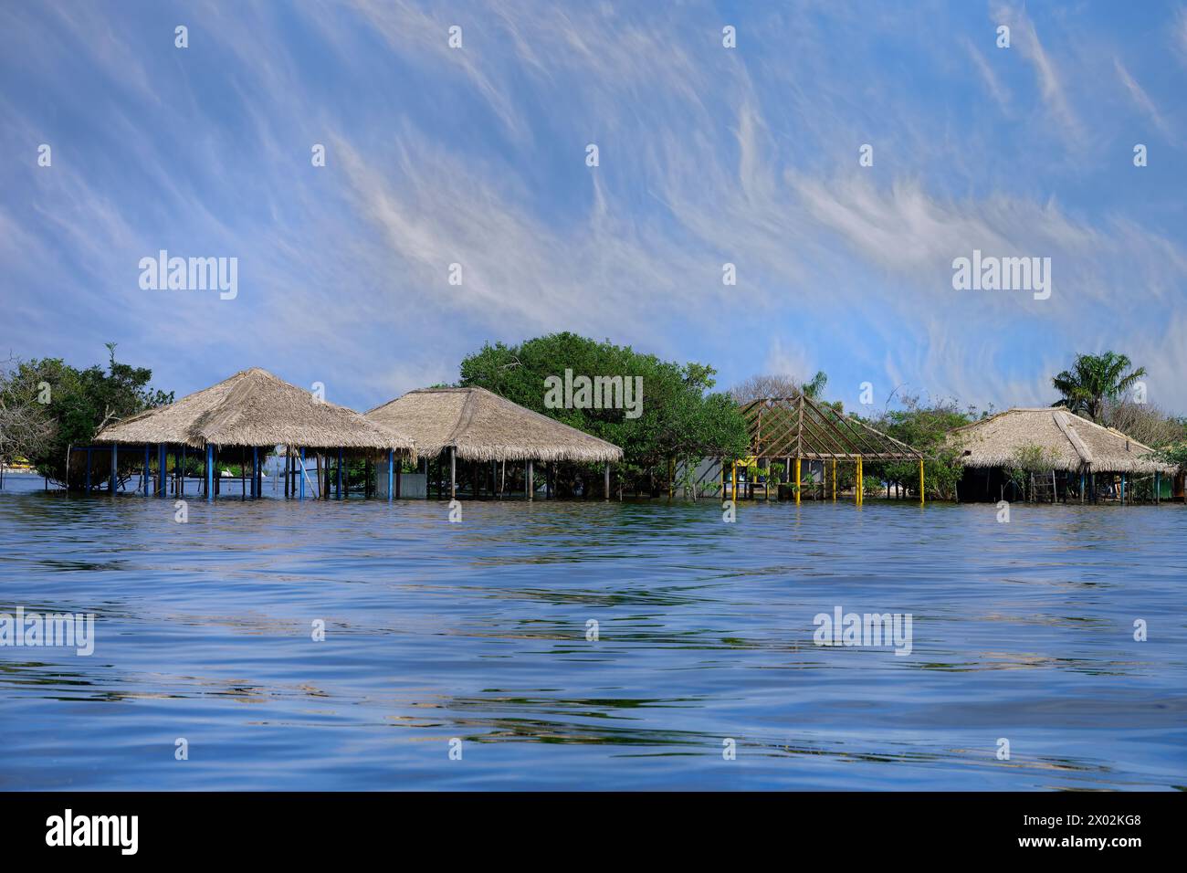 Flooded beach huts, Alter do Chao Beach, Tapajos River, Para state, Brazil, South America Stock Photo
