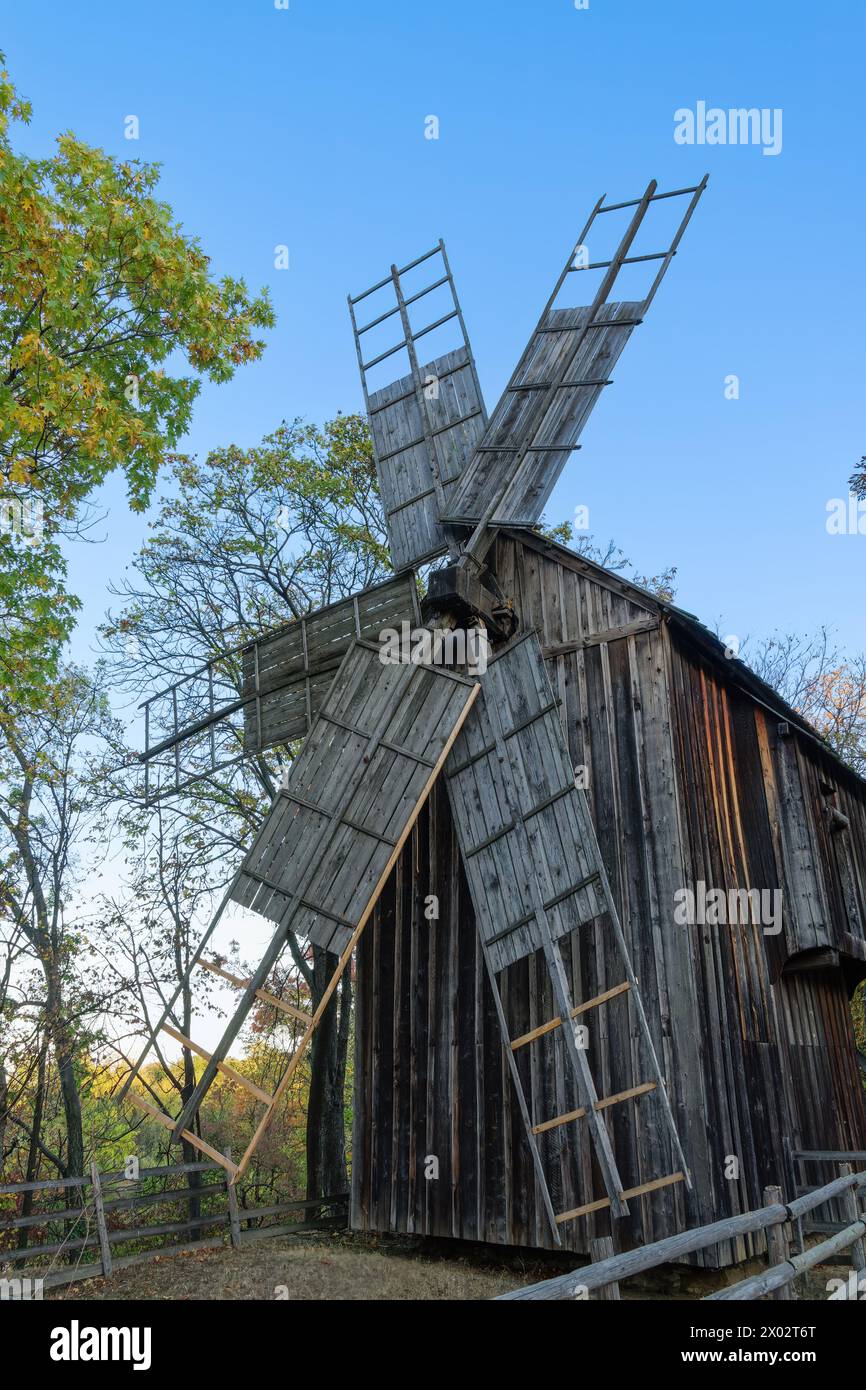 Historic windmill exhibited as part of a traditional Romanian village life inside Dimitrie Gusti National Village Museum, Bucharest, Romania, Europe Stock Photo