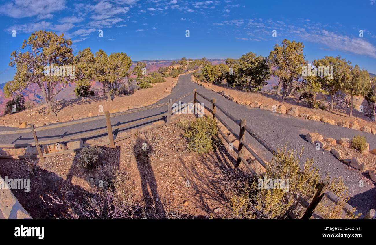 The divided paved entry pathway to the Powell Memorial from the parking lot off Hermit Road, Grand Canyon, Arizona, United States of America Stock Photo
