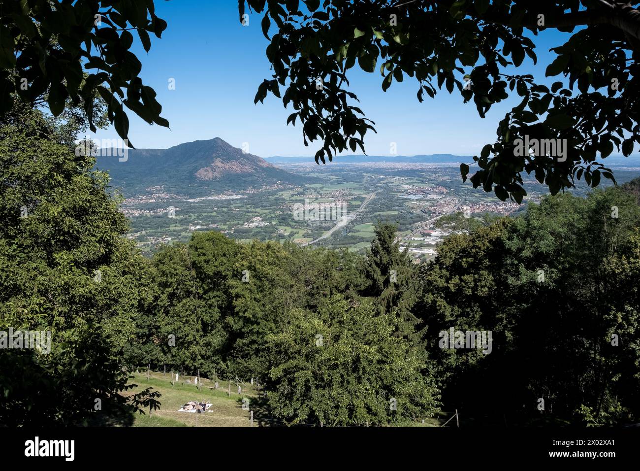 View of the City of Turin from the Sacra di San Michele, (Saint Michael's Abbey), on Mount Pirchiriano, on south side of the Val di Susa Stock Photo