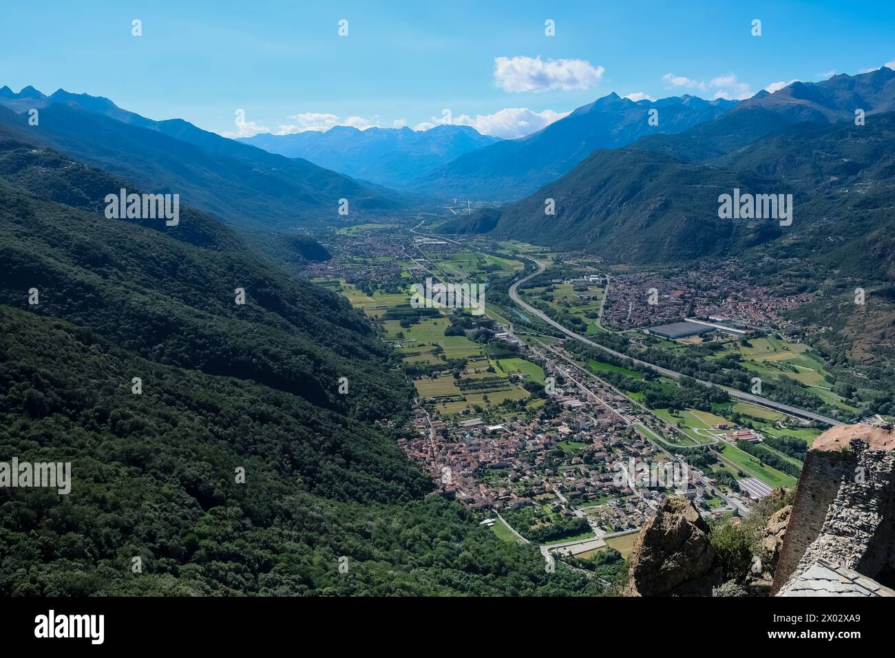 Landscape from the Sacra di San Michele, (Saint Michael's Abbey), a religious complex on Mount Pirchiriano, on south side of the Val di Susa Stock Photo