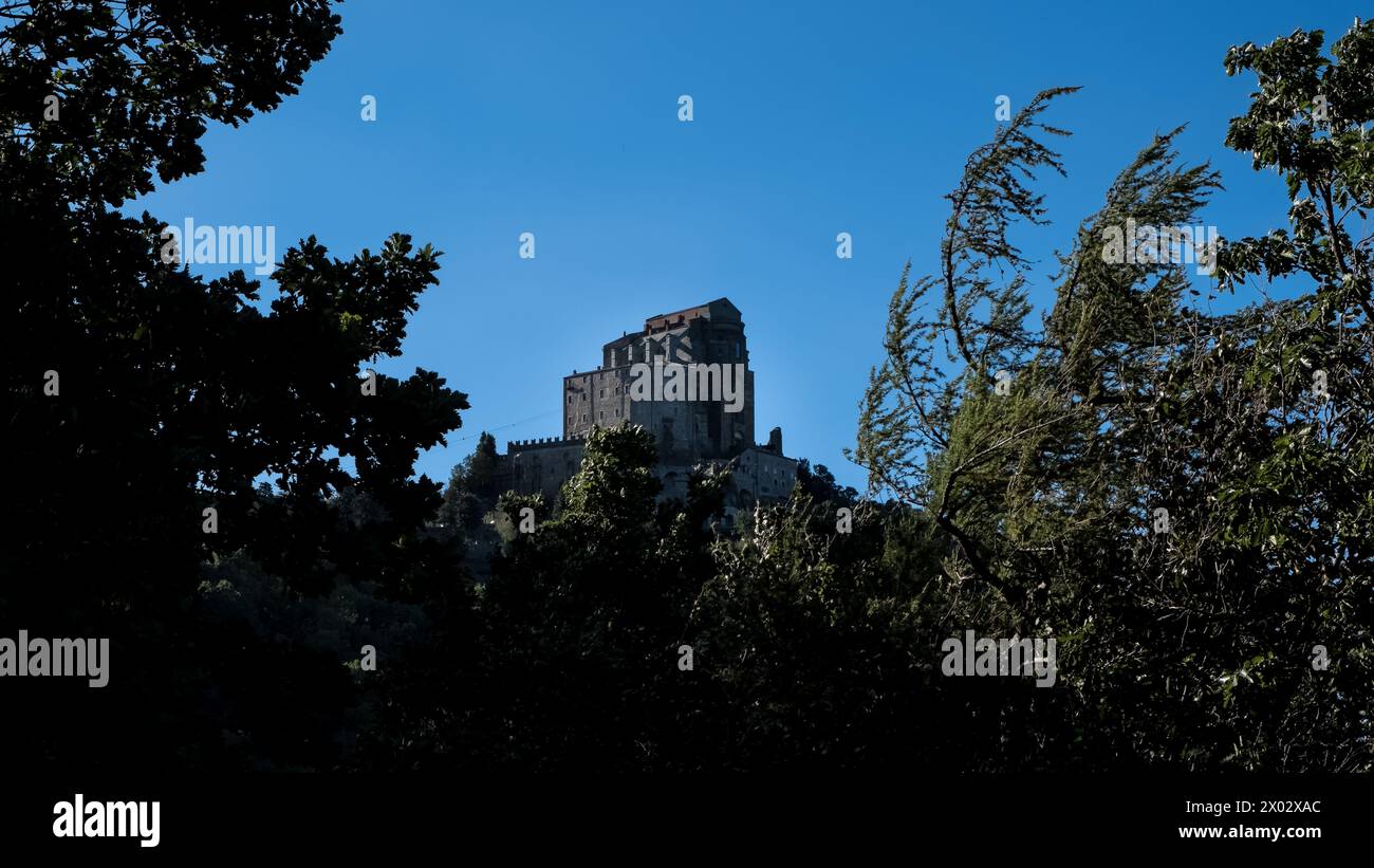 View of the Sacra di San Michele (Saint Michael's Abbey), a religious complex on Mount Pirchiriano, on the south side of the Val di Susa Stock Photo